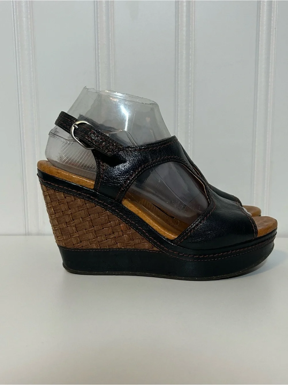 Naya eternal espadrille Wedge Sandals - Black Leather Open Toe